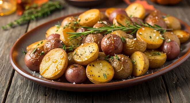 Roasted potatoes on plate with herbs and spices ready to serve