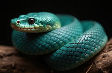 Close-up of vibrant blue pit viper snake coiled on branch. Reptile shows intricate scale pattern against dark background. Wildlife macro photo with intense eye detail.