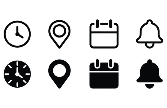 WebPlan your day with these essential icons for time, location, meetings, and reminders, perfect for web design or mobile applications, ensuring you never miss an important event