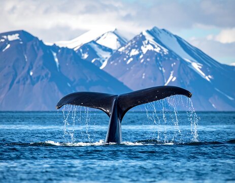 Whale's tail breaches surface of ocean, majestic snow-capped mountain backdrop