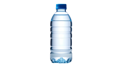 Clear, plastic water bottle with blue cap and clear water