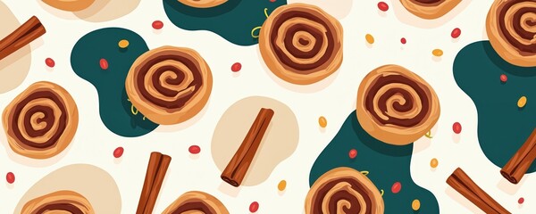 Seamless pattern design features cinnamon rolls. Illustration with baked pastry spirals scattered on white background. Decorative elements of cinnamon sticks and abstract shapes fill a visual design.