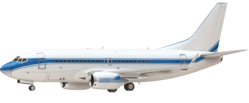 Side view of a white and blue commercial jetliner
