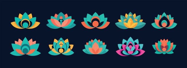 Obraz premium Set of 10 stylized lotus flower icons in a modern flat design style, featuring vibrant turquoise, orange, and pink colors on a dark background.