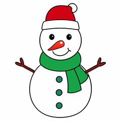 Cute cartoon snowman wearing a red santa hat and green scarf isolated on white background