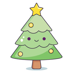 Cute kawaii christmas tree character with yellow star and ornaments isolated on white background