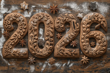 2026 made of gingerbread cookies with floral icing patterns and spices – festive Christmas or New Year dessert