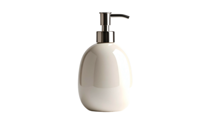 Egg-shaped white ceramic dispenser with shiny metallic pump