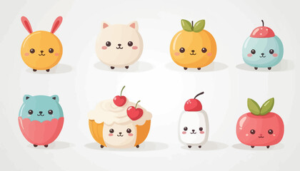 set of funny cartoon fruits and cute tools, icon, vector, set, icons, web, symbol, design, illustration, sign, flat