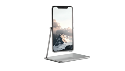 Phone with mountain screen rests on metallic stand, black background