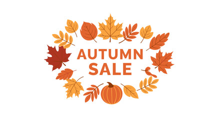 Autumn Sale text framed by a decorative wreath of colorful fall leaves and a pumpkin vector graphic