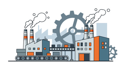 Industrial complex flat illustration factory production line gears and smoke