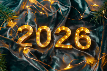Golden 2026 new year celebration with fairy lights and festive background