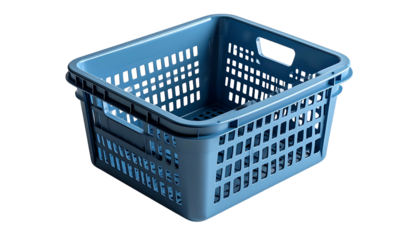 Empty light-blue plastic crate with holes