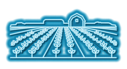 Neon blue outline of a farm with rows of crops and a barn. © kopi