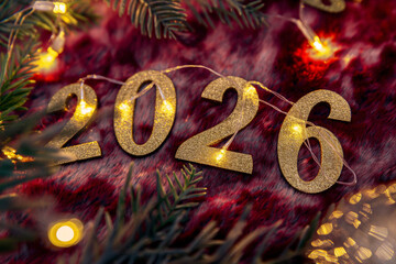 Golden 2026 new year celebration with fairy lights and festive background