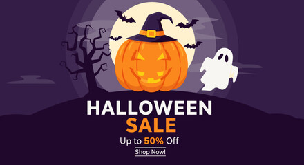 Halloween Sale promotion illustration Pumpkin in witch hat ghost and bats