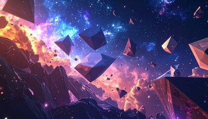 Abstract Cosmic Landscape with Geometric Shapes and Nebulous Glow.