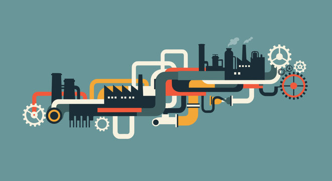 Retrostyle illustration of an interconnected industrial factory system with pipes and cogs