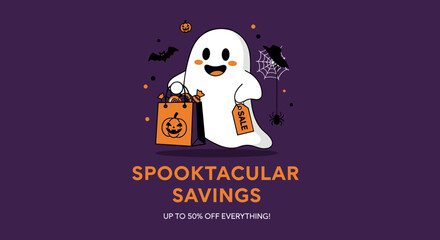 Cute ghost mascot holding shopping bag and sale tag promoting Halloween savings and discounts