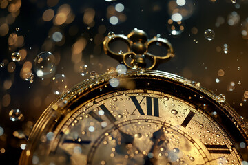 Antique clock face covered with snow and glitter, symbolizing New Year countdown
