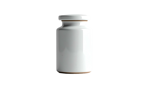 Shiny white ceramic jar with a thick brown trim against black