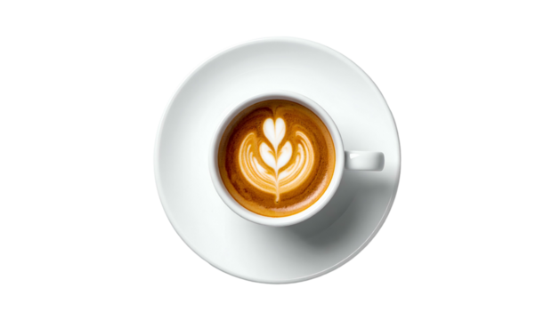 Latte art flower in white cup on saucer, isolated on black