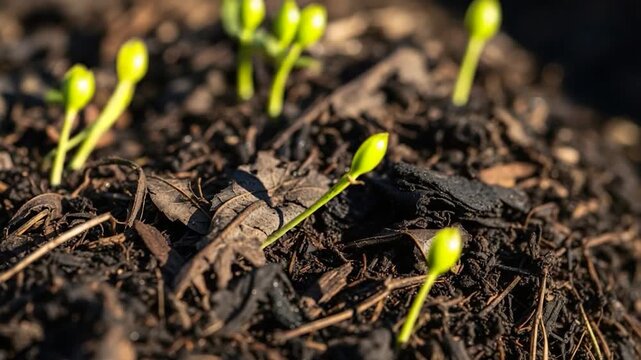 New life sprouts from rich compost soil in a garden bed.