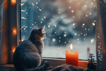 Cozy winter evening — cat watching snow through frosty window with candlelight
