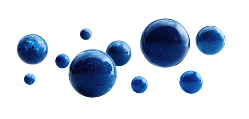 Dark blue, glossy spheres cluster in a stylized, abstract design