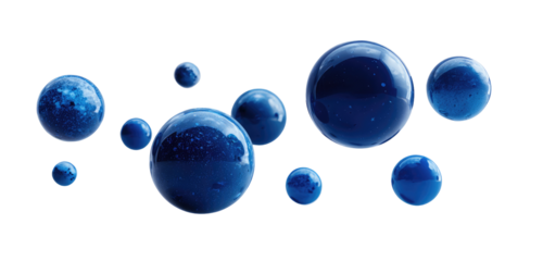 Dark blue, glossy spheres cluster in a stylized, abstract design