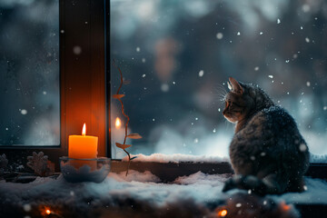 Cozy winter evening — cat watching snow through frosty window with candlelight