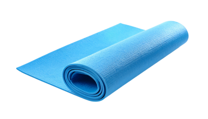 Rolled blue yoga mat on black background, partially unrolled