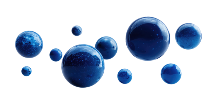 Dark blue, glossy spheres cluster in a stylized, abstract design