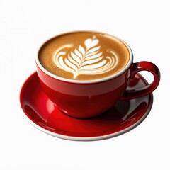 Red cup of hot latte coffee with milk art foam, served on saucer. Tasty beverage with caffeine for morning energy boost, breakfast, or cafe break.