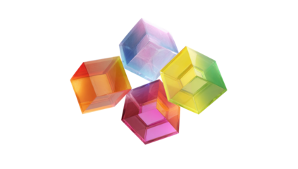 Four translucent, multicolored cubes arranged in a symmetrical, cross-like pattern against a black background.  They appear to be interconnected