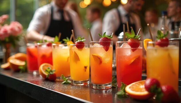Various colorful cocktails with orange and strawberry garnishes served at a bar. Bartenders prepare drinks at an upscale event. Refreshing beverages are ready for celebration and party.