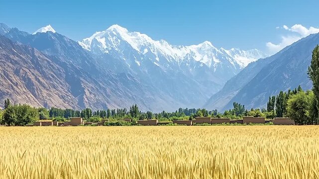 Golden wheat field stretches towards majestic snow-capped mountains under a clear sky.
