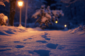 Winter footsteps in snowy park illuminated by warm street lights at dusk