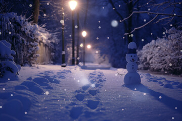 Snowy night path with glowing streetlights and a smiling snowman
