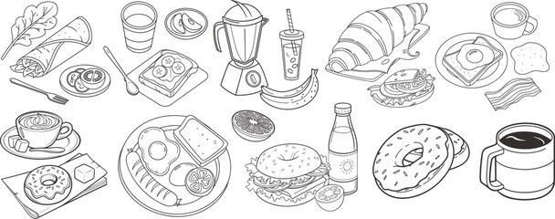 Breakfast doodle set with hand drawn coffee, donut, sandwich, croissant, juice, toast, bacon, eggs, fruit, and smoothie. Cute food line art illustration for , restaurant, or menu design.