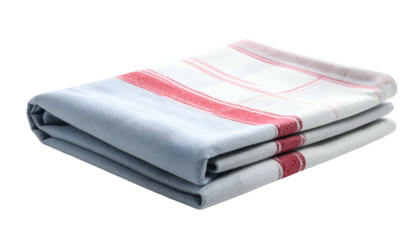 Folded plaid fabric with red stripes on light gray background