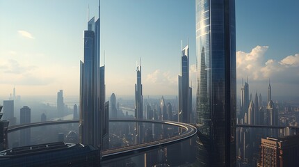 Futuristic city skyline with towering skyscrapers, modern architecture, and sky bridges under soft daylight, symbolizing innovation and progress.