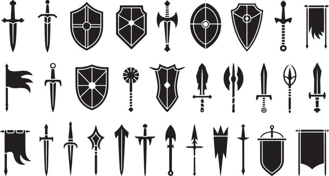 Collection of black silhouette medieval weapons and shields vector icons sword banner
