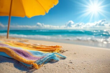Obraz premium Beach towel lies on sun-kissed sand with azure ocean backdrop under a yellow umbrella, concept for summer vacation getaway, tropical travel advert and coastal relaxation scene
