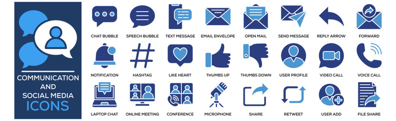 Communication and Social Media icon collection set. Containing Design Chat Bubble, Speech Bubble, Text Message, Email Envelope, Open Mail