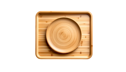 Empty wooden plate sits on a rectangular wooden tray overhead