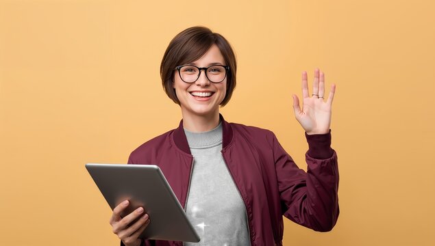 Cheerful woman with tablet waving hello in a friendly way, perfect for online meetings, virtual assistant, or cheerful customer service concepts - Powered by Adobe