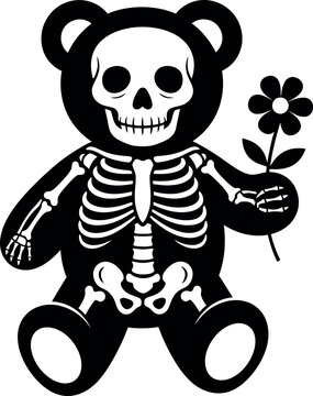 Grateful dead style skeleton teddy bear holding a flower with detailed bones and skull vector