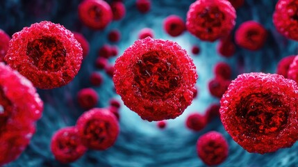 Erythrocytes and cholesterol cells in blood vessel concept. Microscopic view of vibrant red cells in a colorful environment.